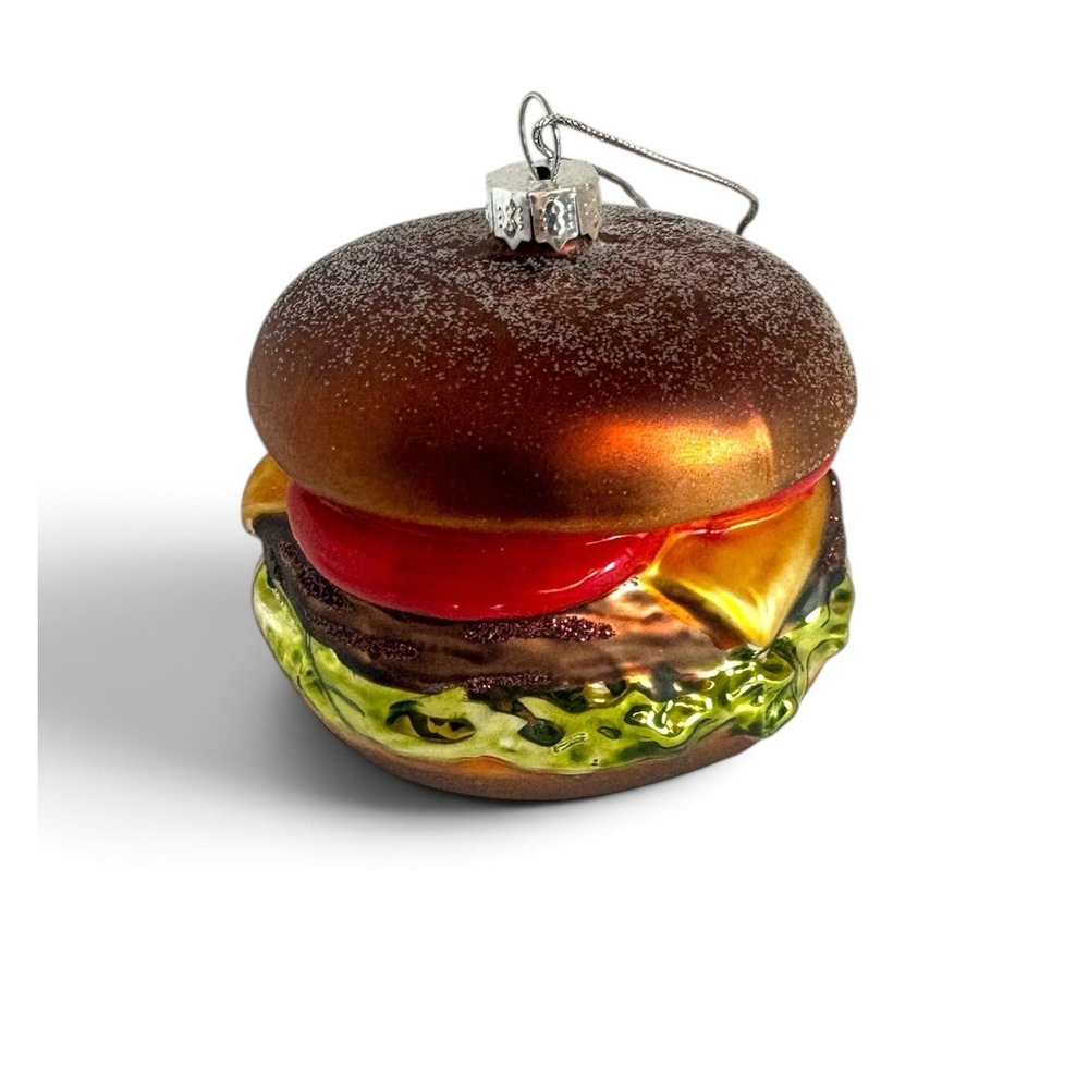 Glass Cheeseburger Christmas Ornament Hand Painted Glitter Foodie Holiday Decor - Picture 2 of 7